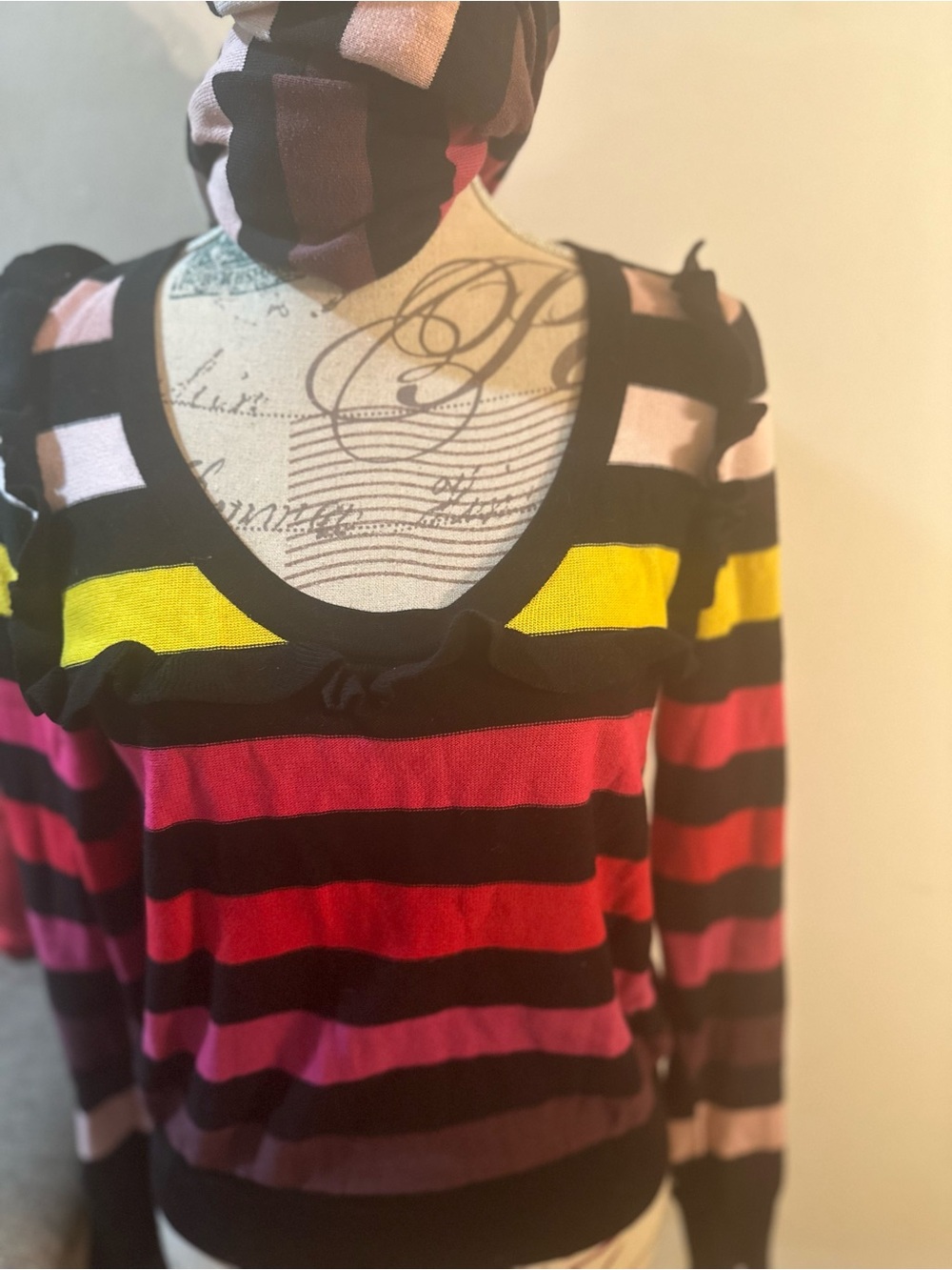 Sonia Rykiel for H&M Striped V-Neck Sweater with Matching Scarf in Black, Pink